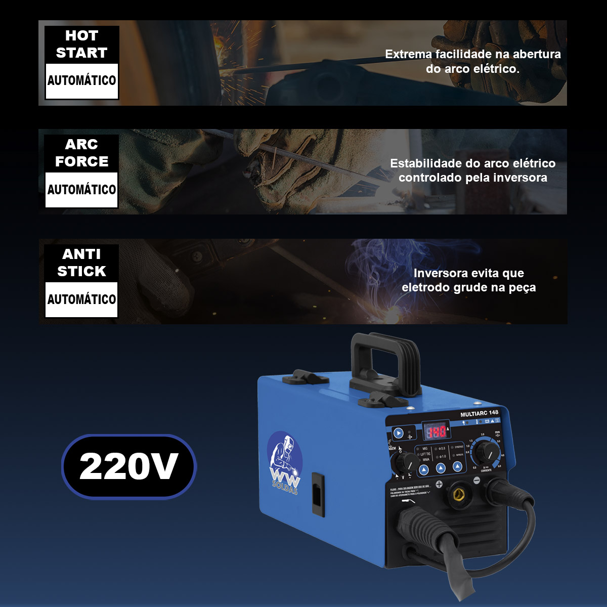 Máquina De Solda 3 Em 1 Multiarc 148 Plus Mig, Tig Eletrodo Azul 127/220v - Imagem 5