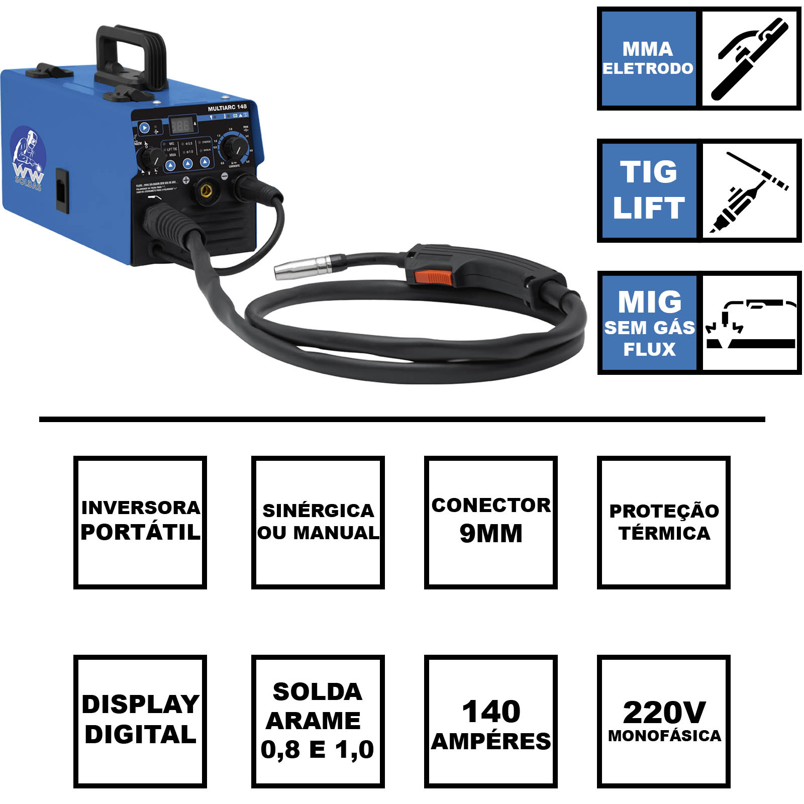 Máquina De Solda 3 Em 1 Multiarc 148 Plus Mig, Tig Eletrodo Azul 127/220v - Imagem 3