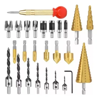 Kit de Brocas para Madeira e Metal - Broca Escalonada Cônica com 26 Peças, Completo para Furadeira | jogo de broca | kit de brocas