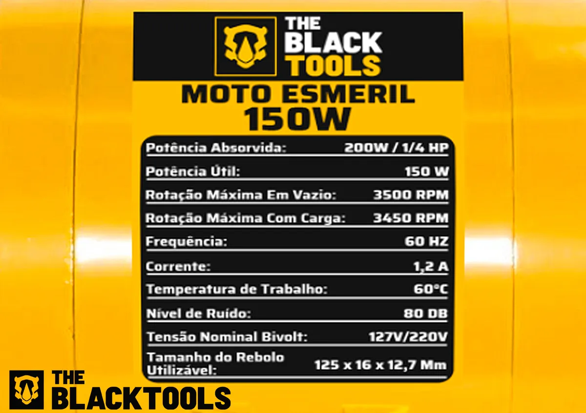 Moto Esmeril Bancada 6 Polegadas 150w 1/4cv Bivolt 2 Rebolos Amarelo 127/220v - Imagem 6
