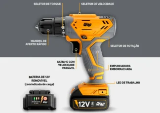 Parafusadeira e Furadeira a Bateria Li-ion Wap Wf 12k3.2 Carregador Com Maleta E Kit De 11 Acessórios