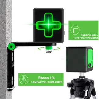 Nível A Laser Verde 2 Linhas Esquadro Auto nivelamento + Tripé e suporte de parede