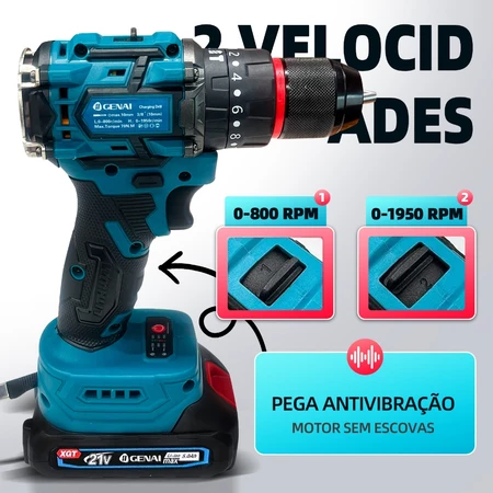 Furadeira Parafusadeira de Impacto 70N.m 2 Baterias 21V maleta 28 pçs Genai Genai - Imagem 3