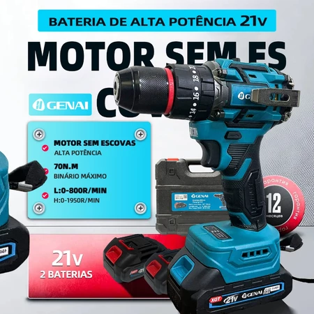 Furadeira Parafusadeira de Impacto 70N.m 2 Baterias 21V maleta 28 pçs Genai Genai - Imagem 4