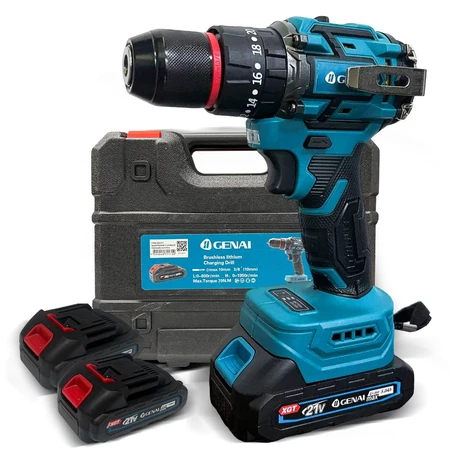 Furadeira Parafusadeira de Impacto 70N.m 2 Baterias 21V maleta 28 pçs Genai Genai