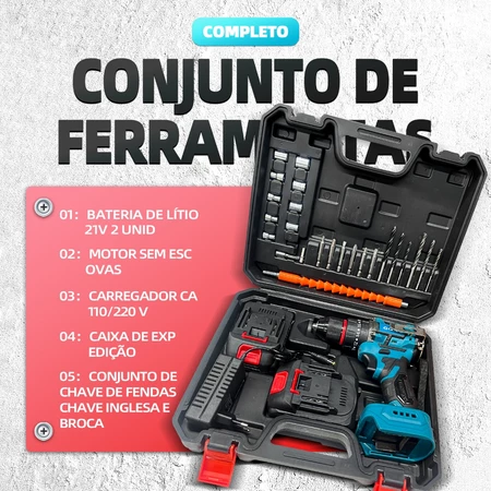 Furadeira Parafusadeira de Impacto 70N.m 2 Baterias 21V maleta 28 pçs Genai Genai - Imagem 5