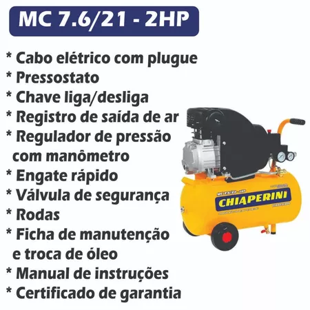Compressor de Ar Portátil 21Litros Chiaperini MC 7.6/21-2HP 120psi Monofásico - Imagem 5