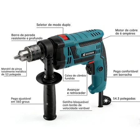 Furadeira Auto Reverso de Impacto Parafusadeira Drill 3200R/MIN 900W - Imagem 8