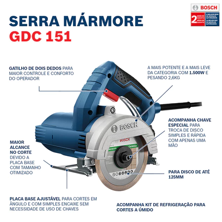 Serra Mármore 5 POL 1500W GDC 151 Maleta. Kit Refrigeração e Disco BOSCH + 1 Disco p/ Madeira - Imagem 3