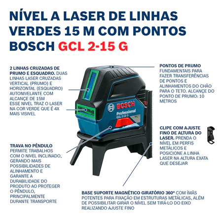 Nivel A Laser em linhas Verdes vertical e horizontal Bosch modelo Gcl215g 15m + Tripé e trena manual - Imagem 6