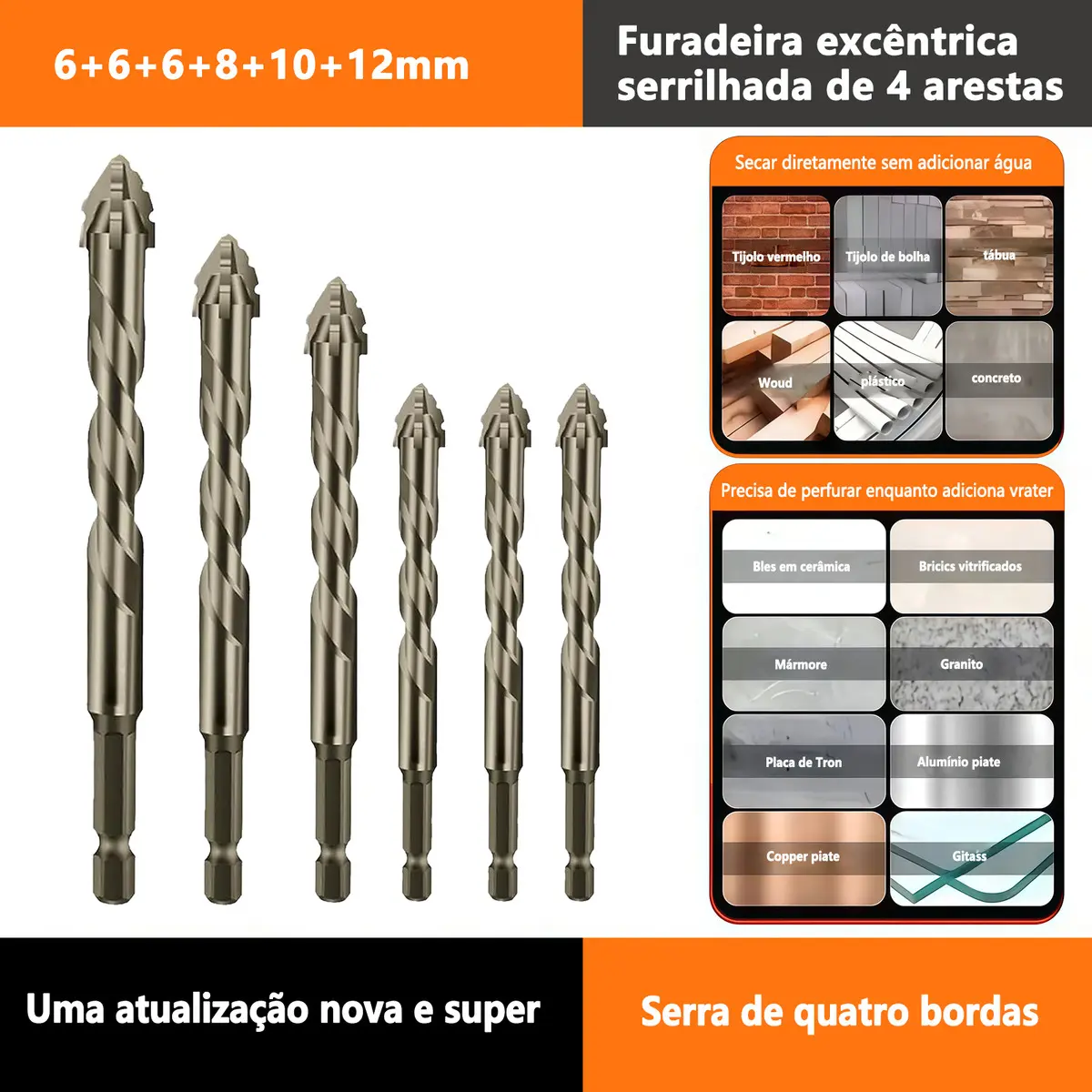 Brocas Excêntrica Serrilhada Ponta Cruzada Tungstênio 6mm/8mm/10mm/12mm - Imagem 7